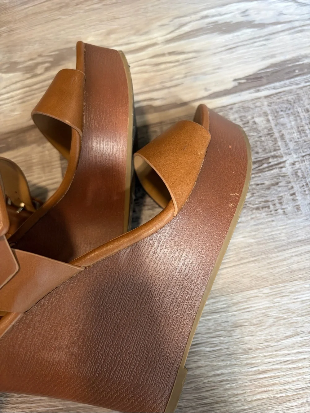 Cityclassified Cognac Brown Wedge Sandals with Wide Buckle Strap